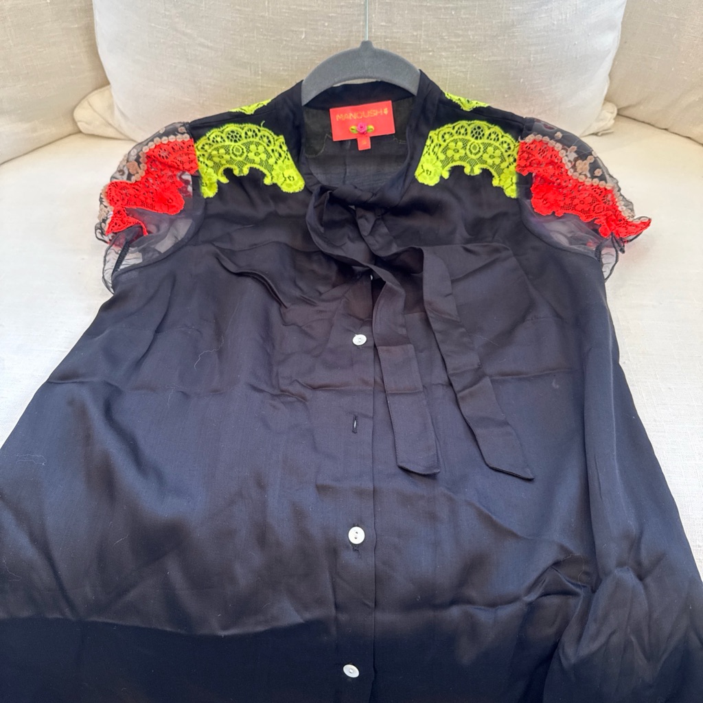 Women's Black Tie-Neck Blouse With Neon Lace Accents